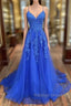 A-line Spaghetti Straps Sweep Train Tulle Prom Dress With Lace Appliqued