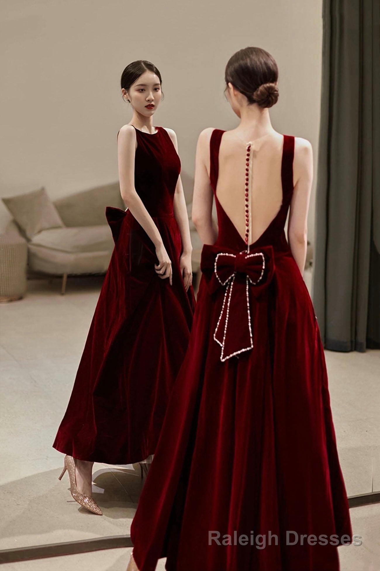 Burgundy velvet long A line prom dress with bow