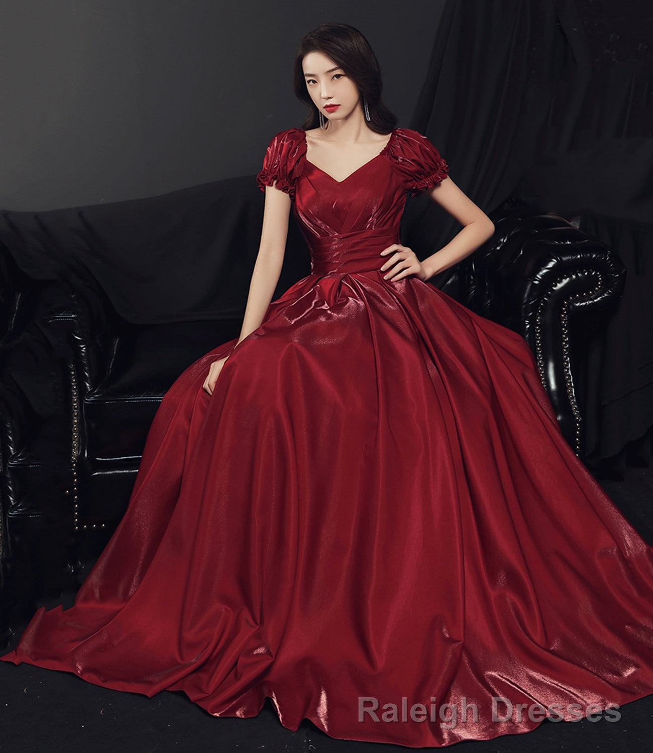 Burgundy satin long prom dress A line evening gown
