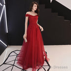 Burgundy lace tulle long prom dress, Prom dress