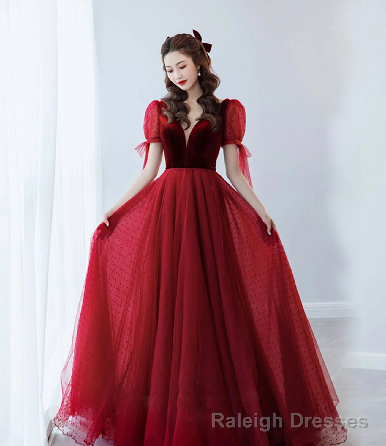 Burgundy velvet tulle long prom dress evening dress Main image
