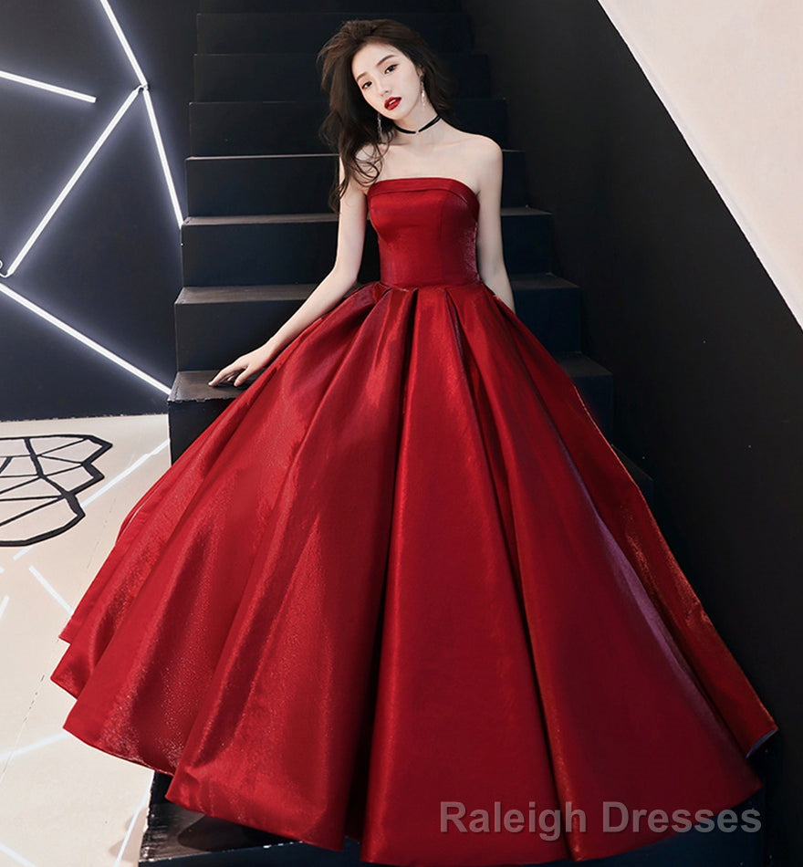 Simple satin long prom dress burgundy evening dress
