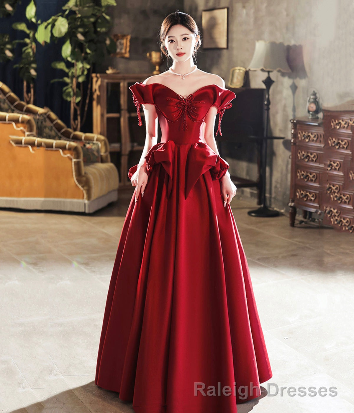 Burgundy Satin Long Prom Dress, Cute A Line Off Shoulder Prom Dress Secondary image