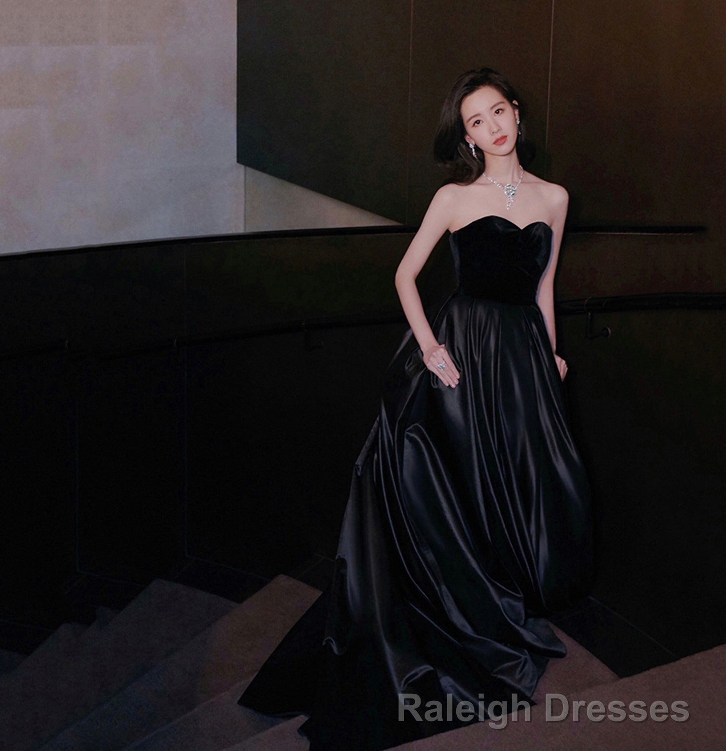 Black velvet satin long prom dress A line evening gown Main image