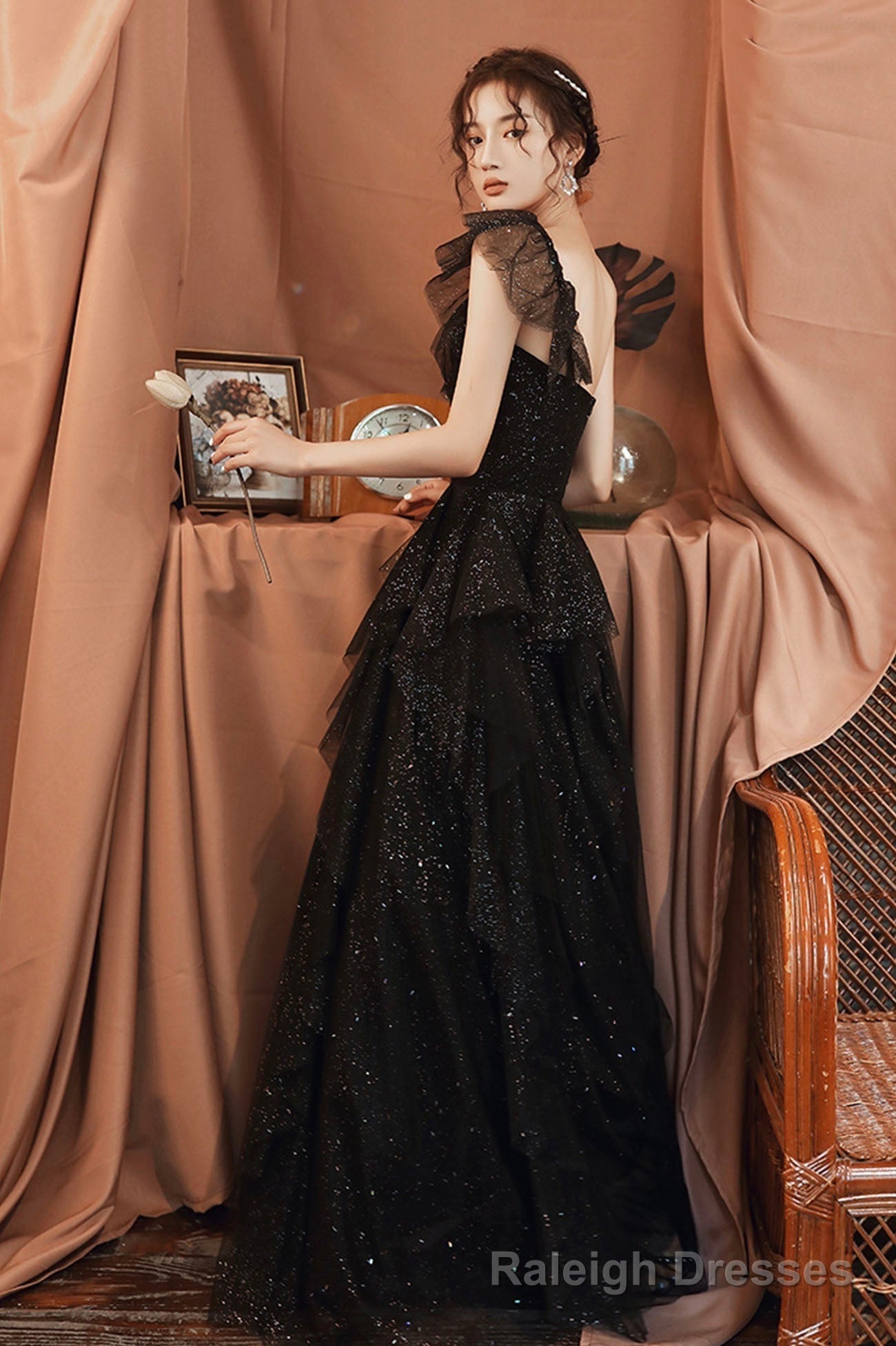 Black tulle sequins long prom dress A line evening dress