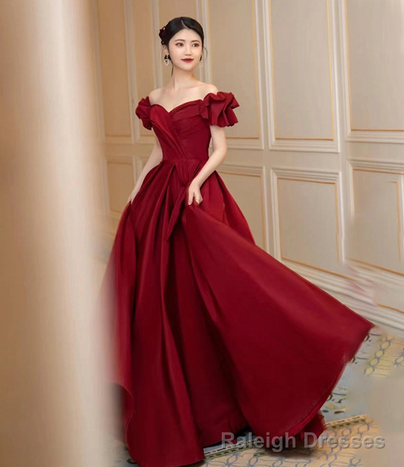 Burgundy satin long prom dress A line evening dress Main image
