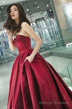 Burgundy satin long prom dress A line evening gown
