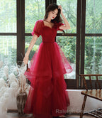 Burgundy tulle long prom dress evening gown