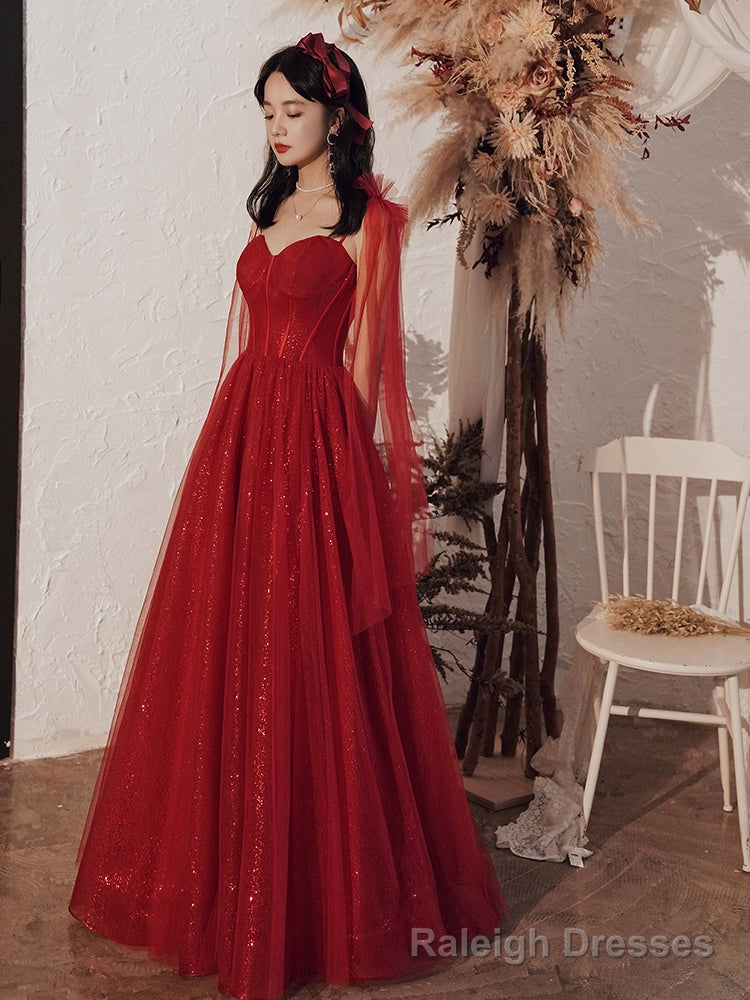 Burgundy tulle sequins long prom dress