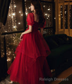 Burgundy tulle long prom dress evening gown