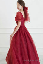 Red tulle long prom dress A line evening dress