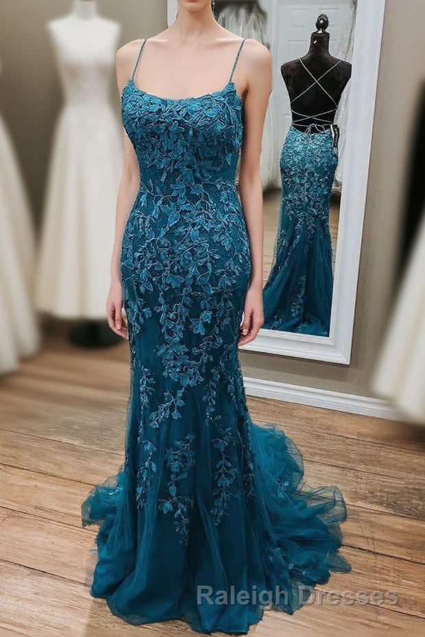 Stunning Blue Lace Appliqus Long Prom Dress Main image