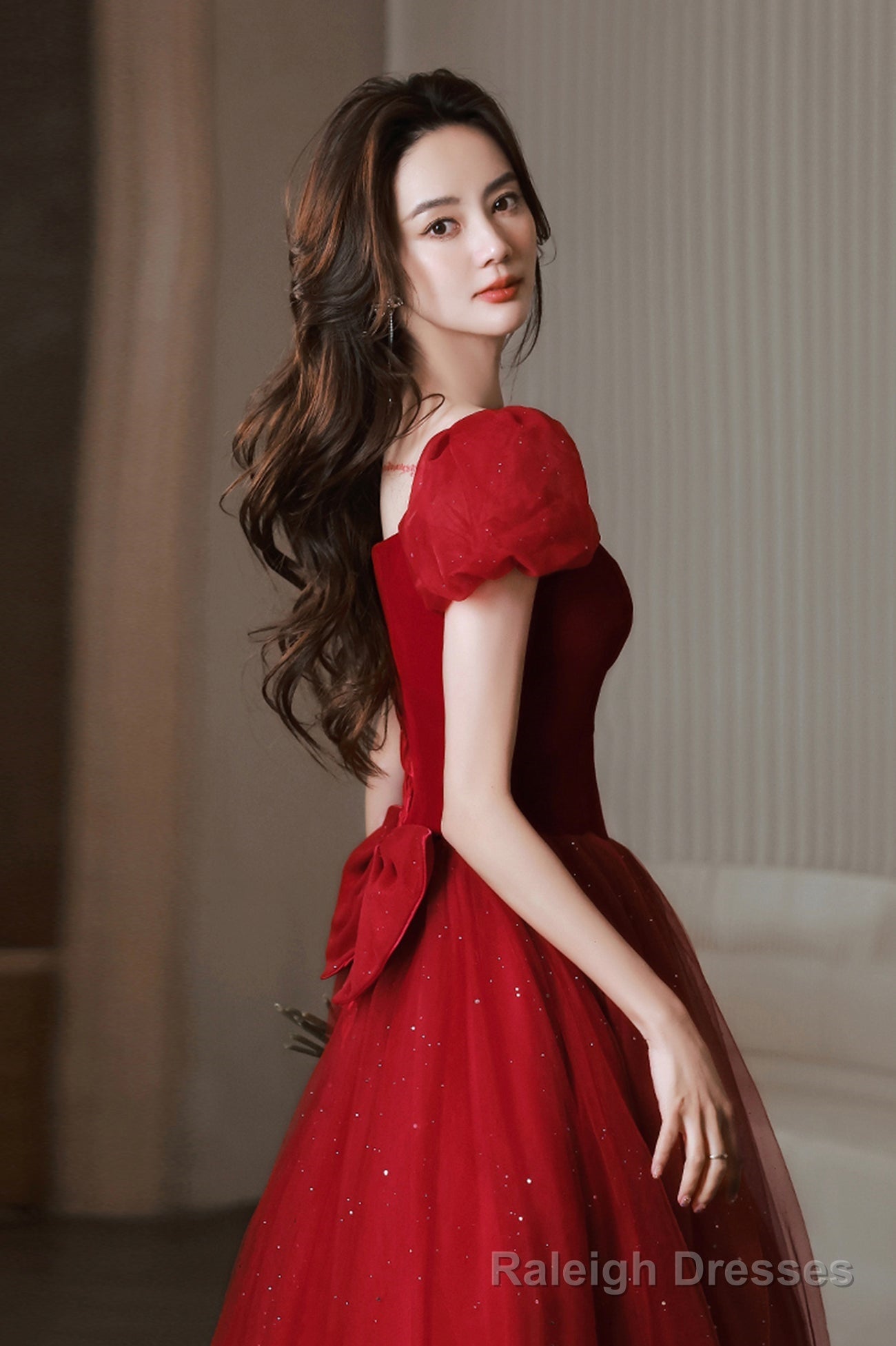 Burgundy velvet tulle long prom dress A line evening dress