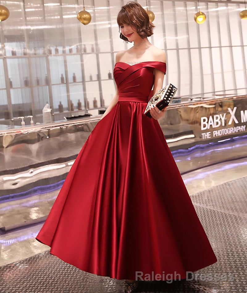 Burgundy satin A line prom dress party dress Main image