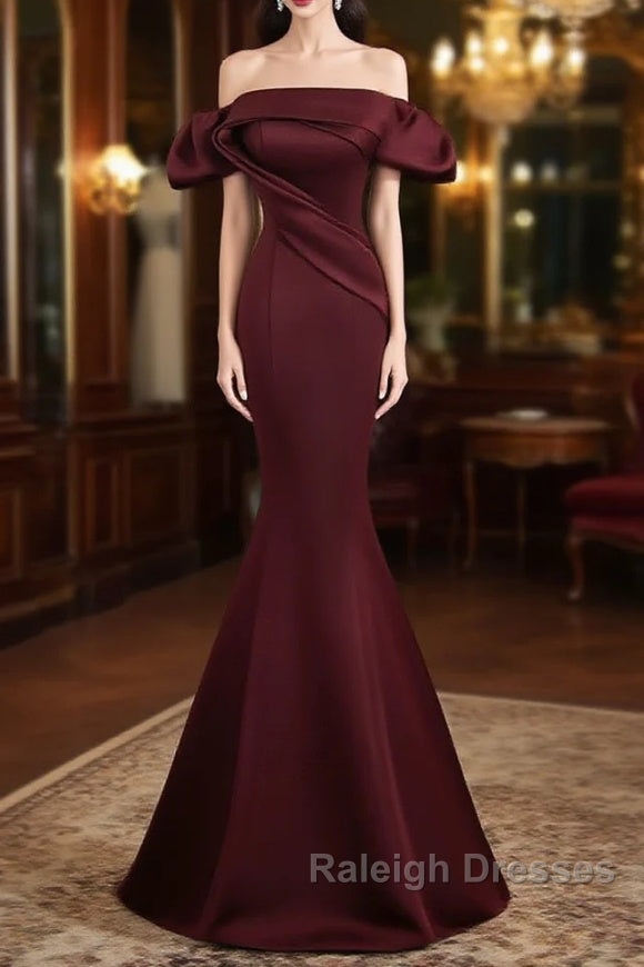 Burgundy Satin Long Prom Dress, Mermaid Off the Shoulder Evening Party Dress Main image