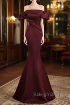 Burgundy Satin Long Prom Dress, Mermaid Off the Shoulder Evening Party Dress