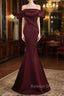 Burgundy Satin Long Prom Dress, Mermaid Off the Shoulder Evening Party Dress