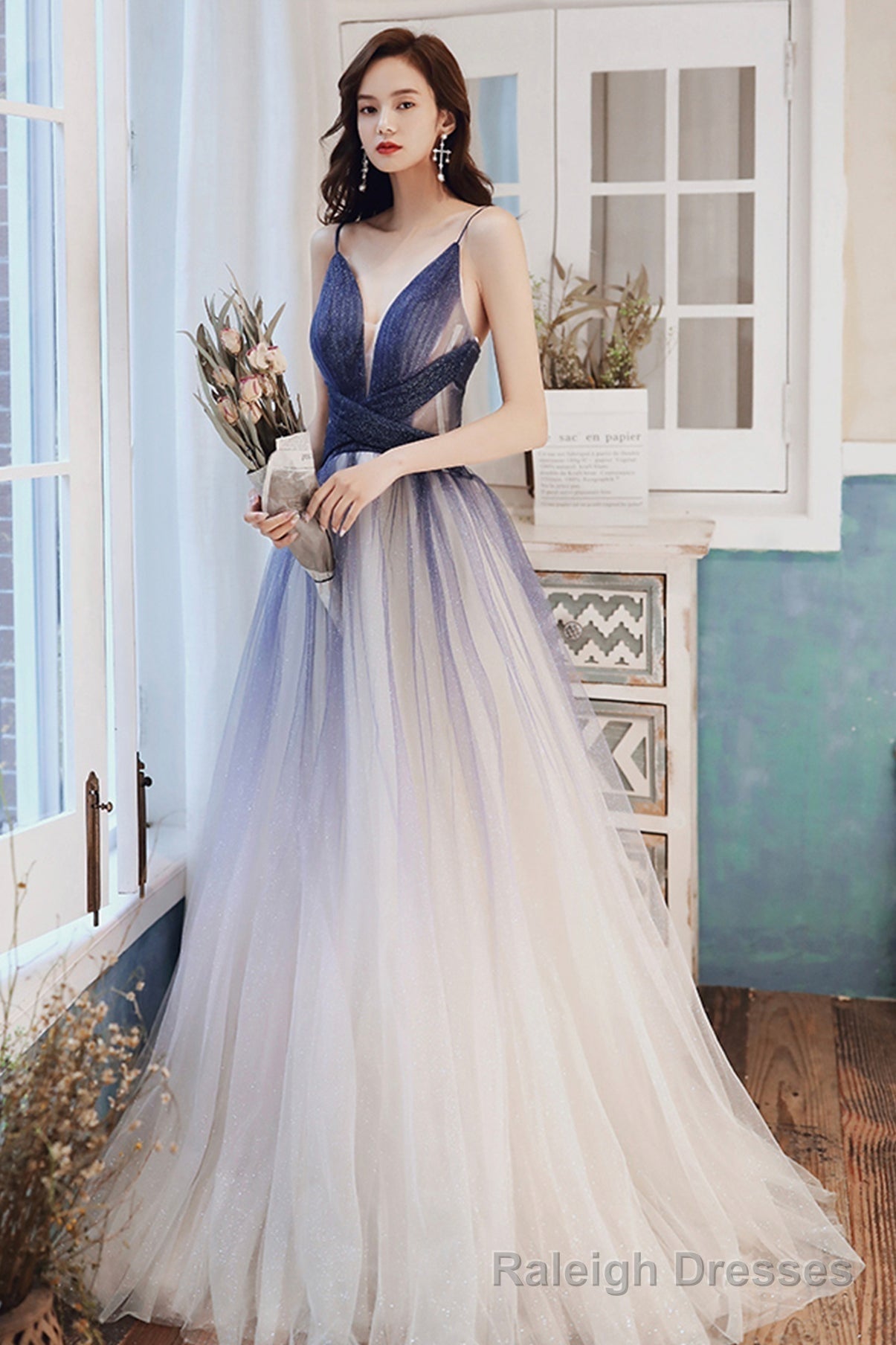 Stylish v neck tulle long A line prom dress blue evening dress