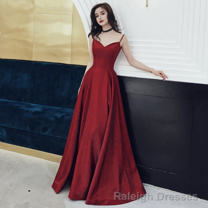 Burgundy satin long prom dress, evening dress Main image
