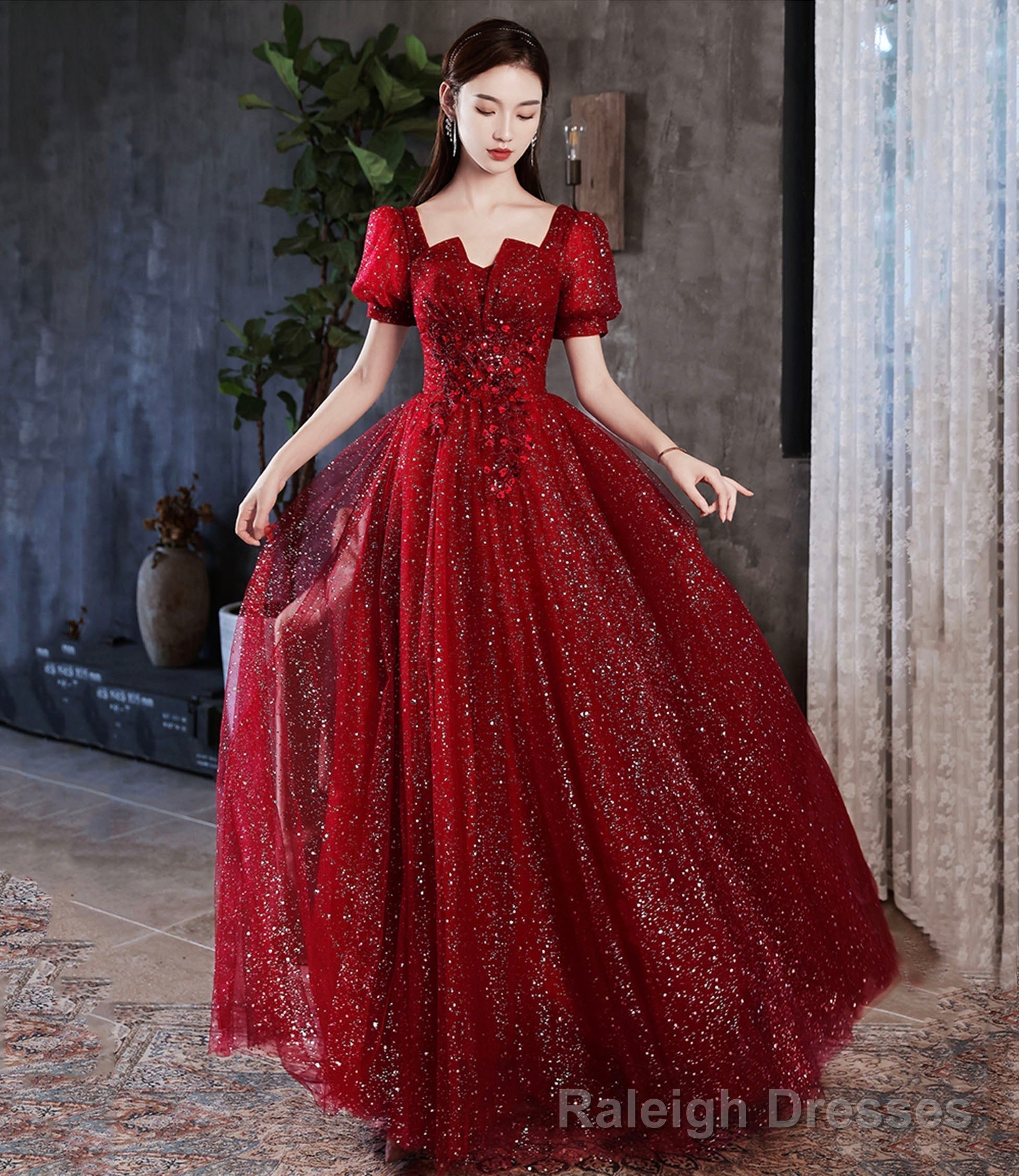 Burgundy sequins long prom dress evening dress Main image