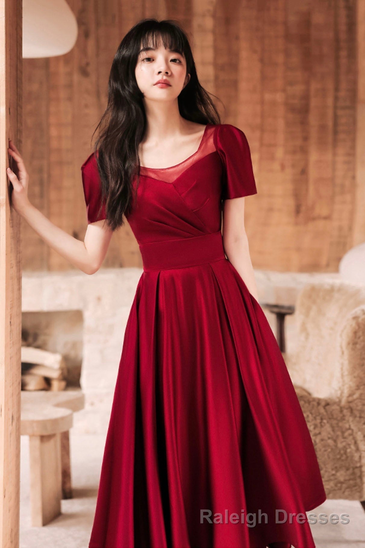 Burgundy satin short prom dress A-line evening dress Secondary image
