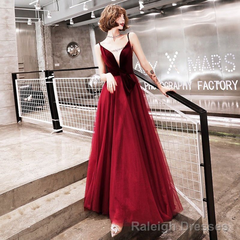 Burgundy velvet tulle prom dress evening dress Secondary image