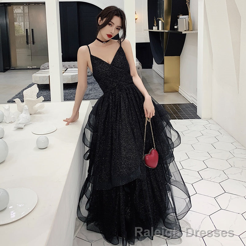 Black tulle sequins prom dress evening dress