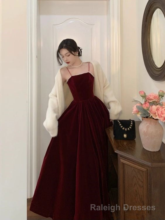 Spaghetti Straps Burgundy Velvet Prom Dress Simple Prom Dress Party Dress Main image
