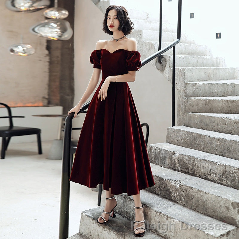 Burgundy velvet short prom dress party dress Main image