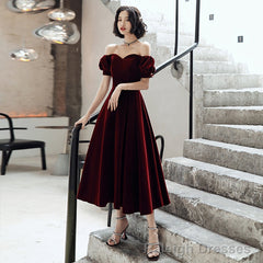 Burgundy velvet short prom dress party dress
