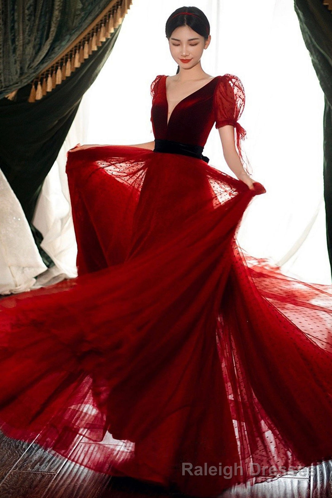 Burgundy Velvet Tulle Long Prom Dress, A-Line Evening Party Dress Secondary image