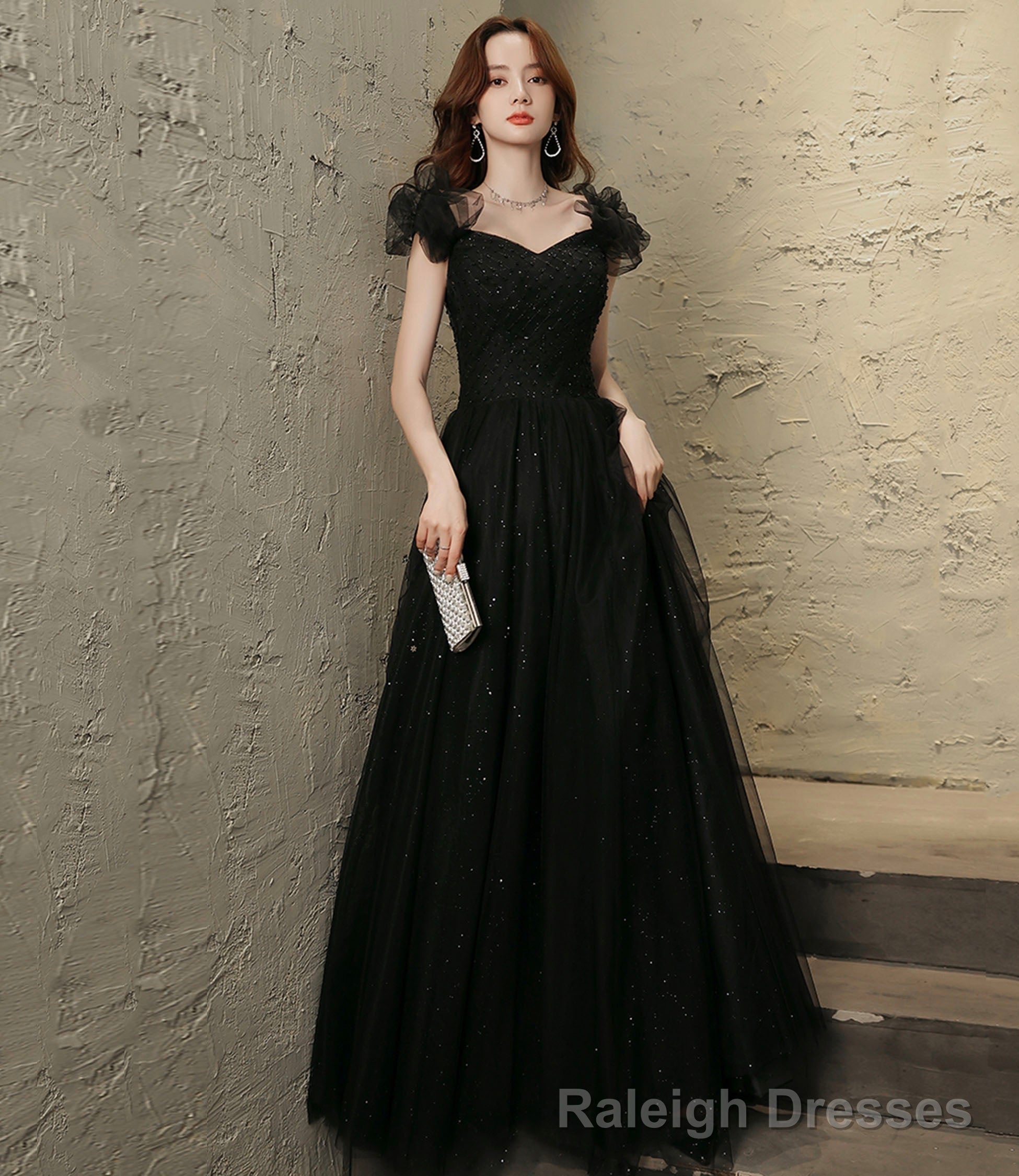 Black tulle beaded long prom dress evening dress