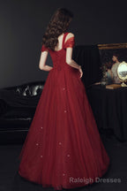 Burgundy tulle long prom dress A line evening dress