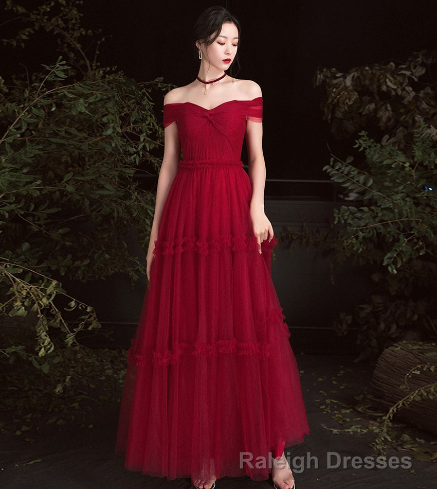 Burgundy tulle off shoulder prom dress evening dress Main image