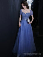 Blue Tulle Beads Long Prom Dress, Beautiful Short Sleeve Evening Party Dress