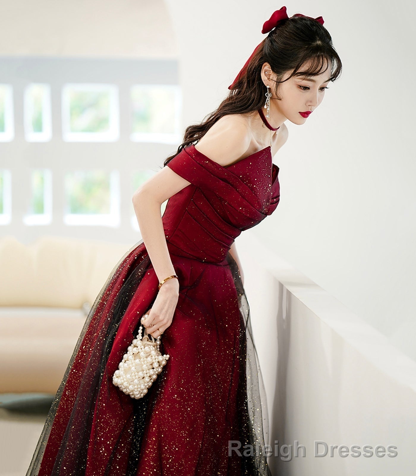 Burgundy Satin Tulle Long Prom Dress, A-Line Off the Shoulder Evening Dress Secondary image