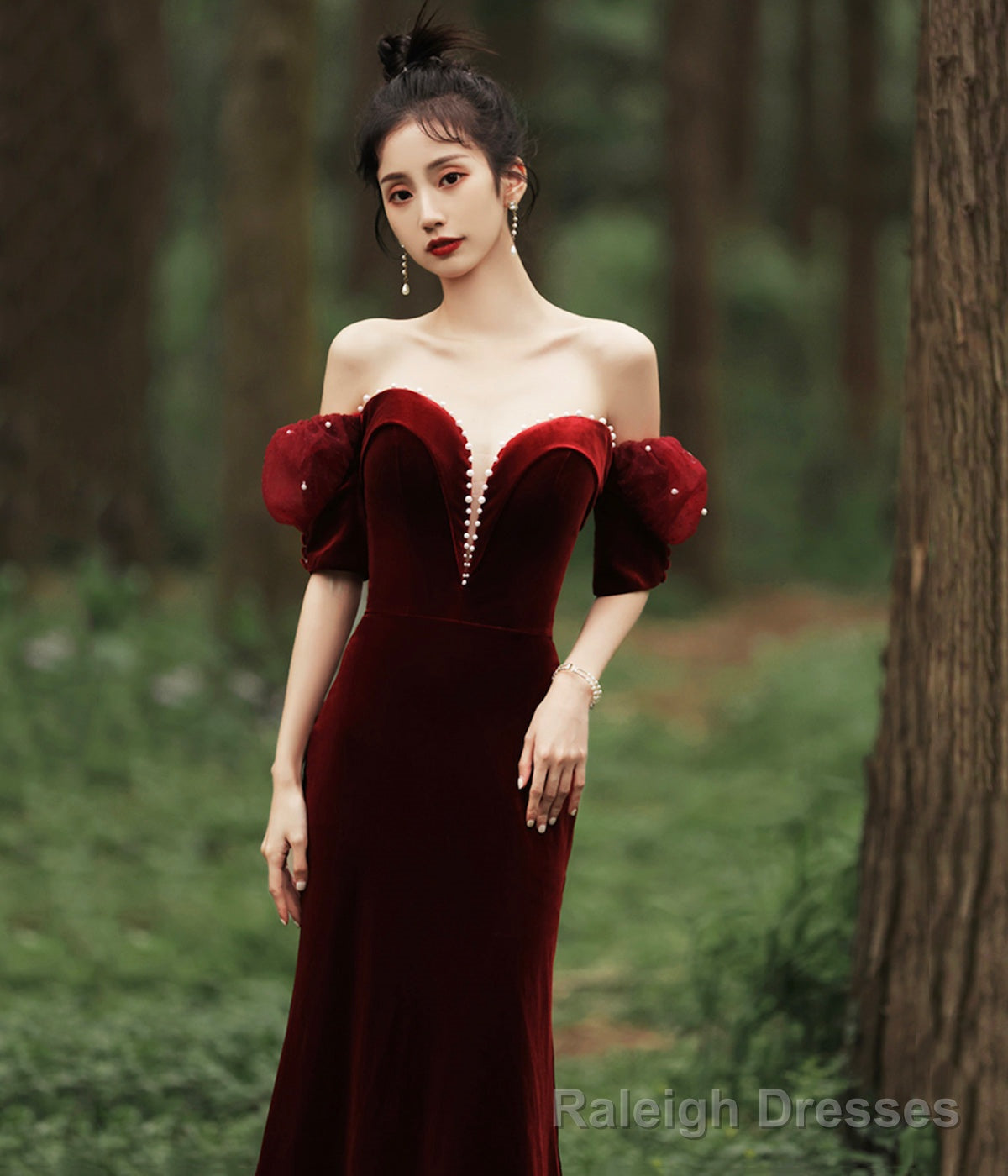 Burgundy Velvet Long Prom Dress with Pearls, Mermaid Off Shoulder Evening Party Dress Secondary image