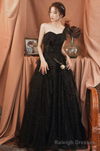 Black tulle sequins long prom dress A line evening dress