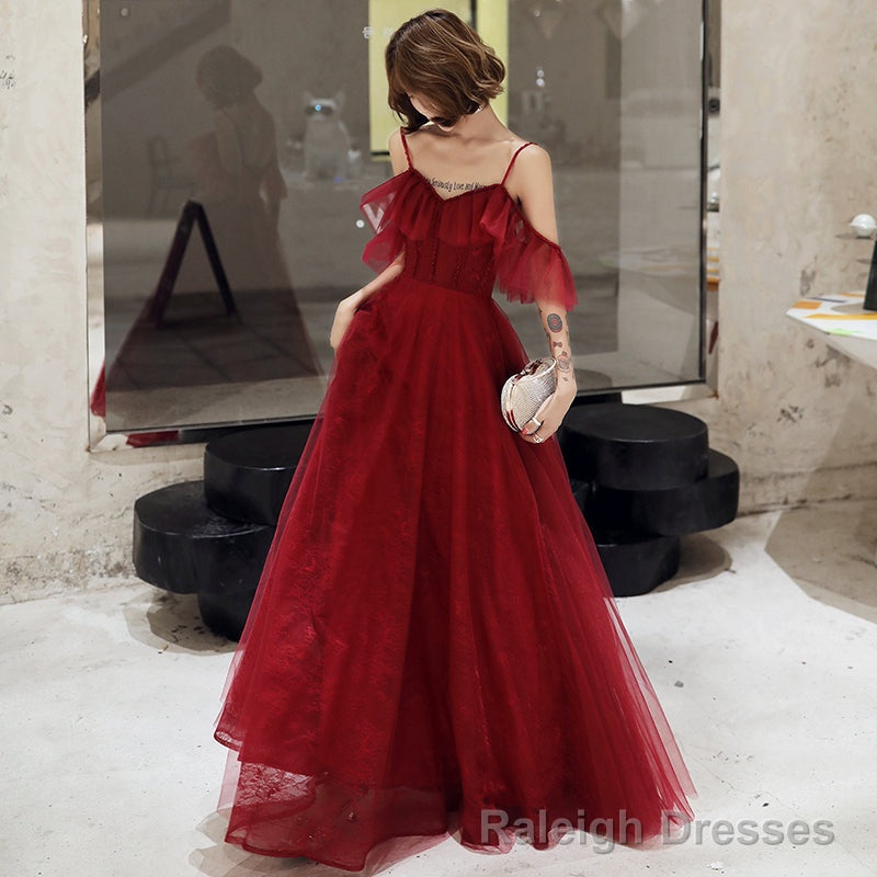Burgundy lace long prom dress simple evening dress Main image