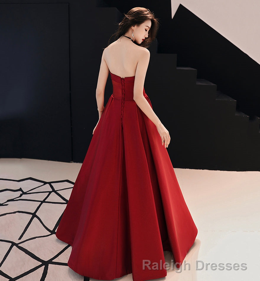 Simple satin long prom dress burgundy evening dress