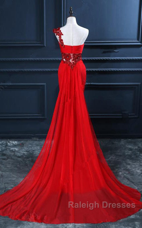 Trumpet Mermaid One Shoulder Chiffon Appliques Lace Beading Red Long Prom Dresses Secondary image