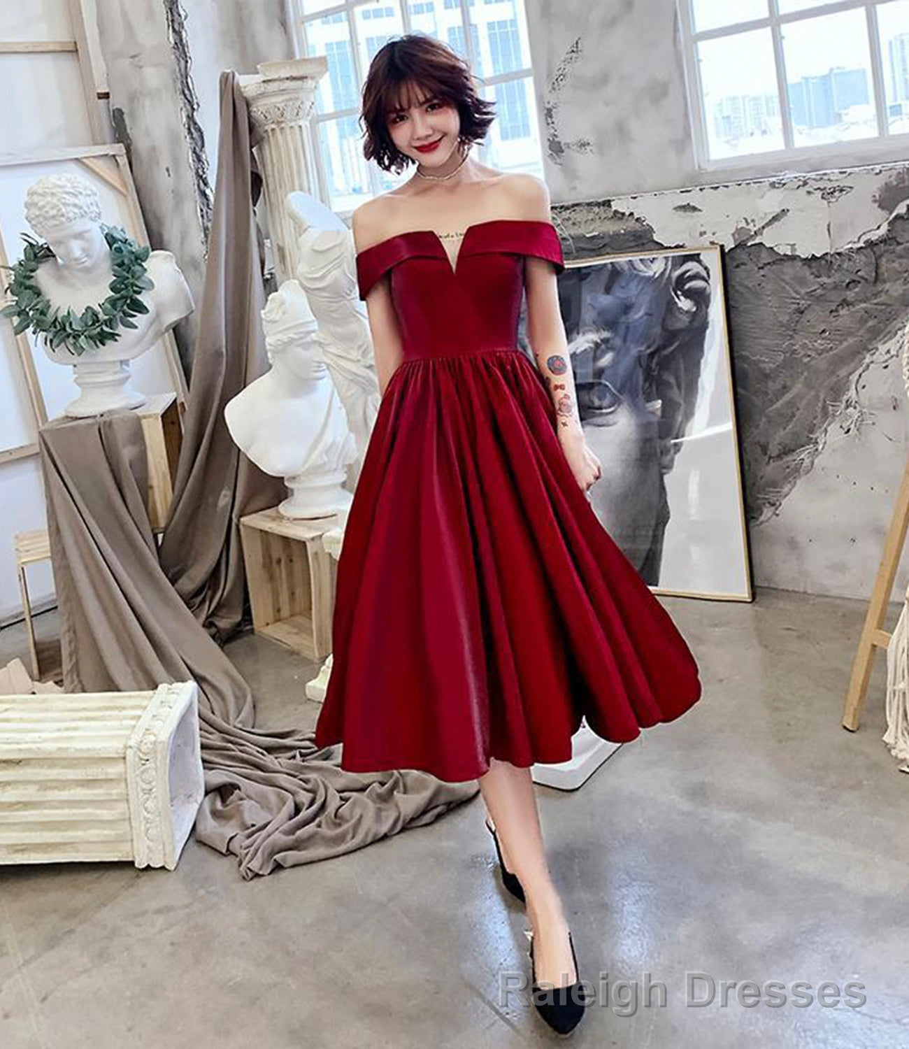 Burgundy satin short prom dress party dress