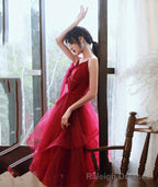 Burgundy v neck tulle sequins prom dress homecoming dress