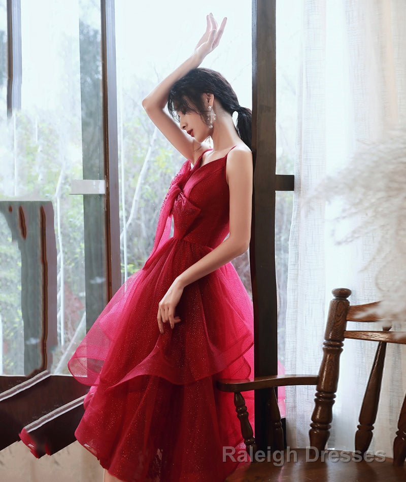 Burgundy v neck tulle sequins prom dress homecoming dress