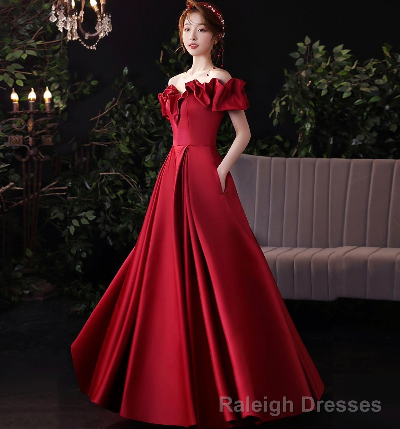 Burgundy satin long prom dress evening dress Secondary image