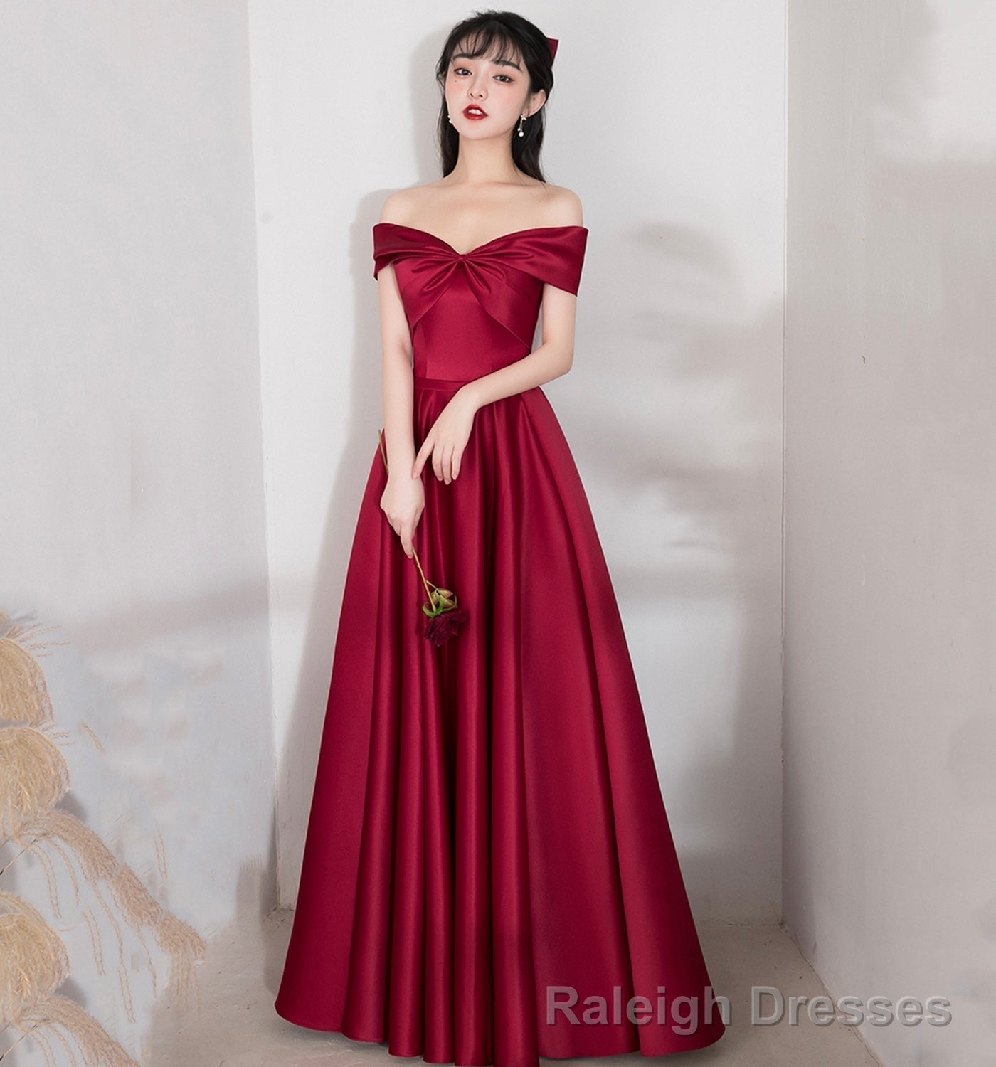 Burgundy satin long A line prom dress evening dress Main image