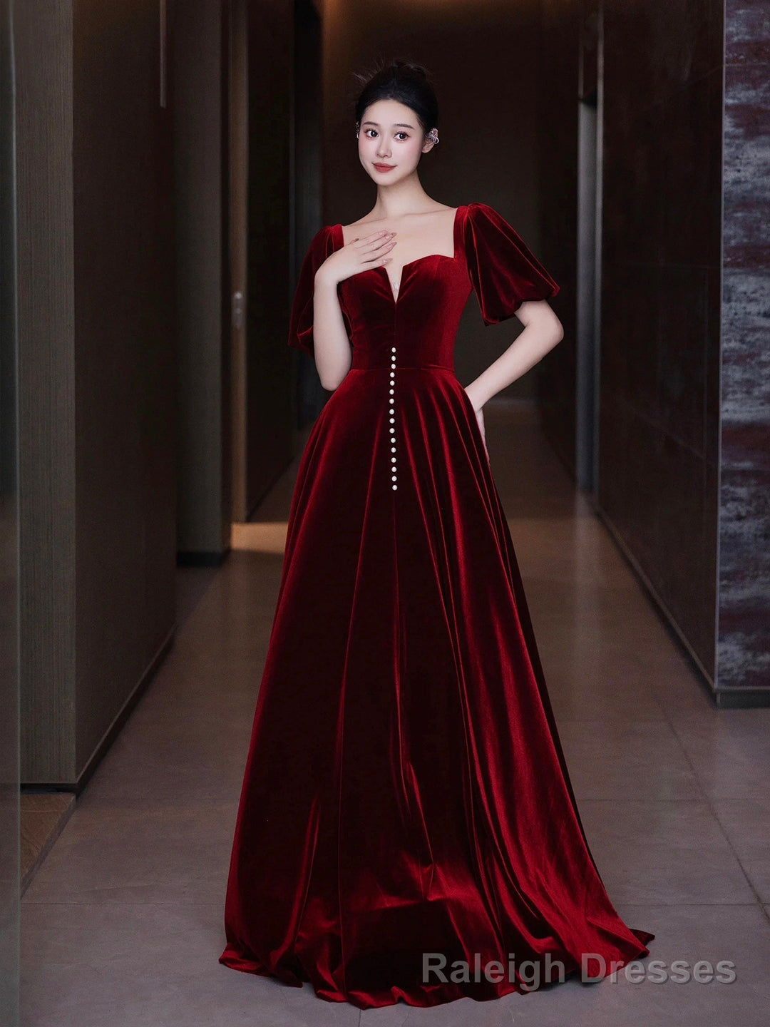 Burgundy Velvet Long A-Line Prom Dress Main image