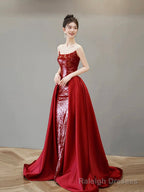 Burgundy Satin Sequins Long Prom Party Dress