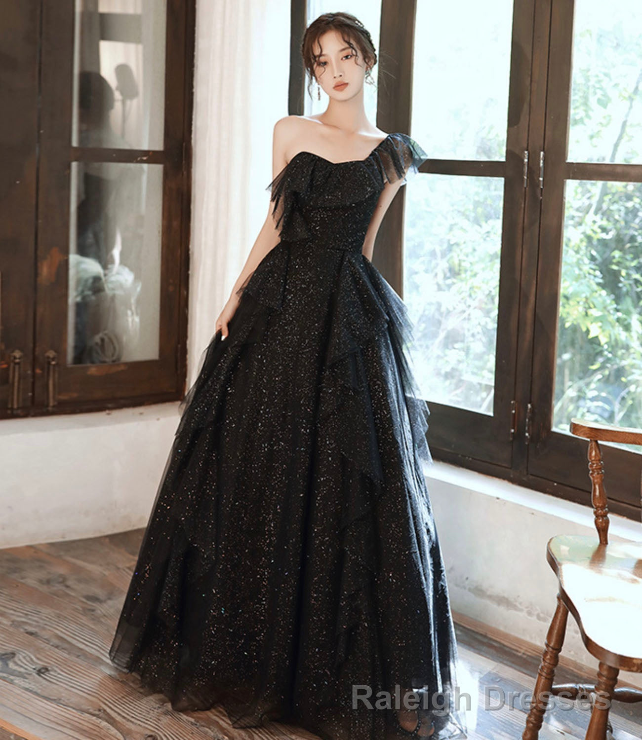 Black tulle sequins long prom dress A line evening dress Main image