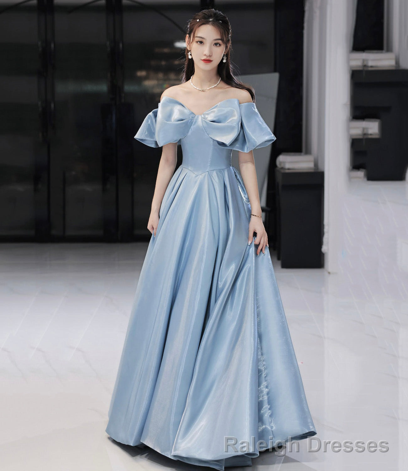 Blue satin long prom dress A line evening dress Main image